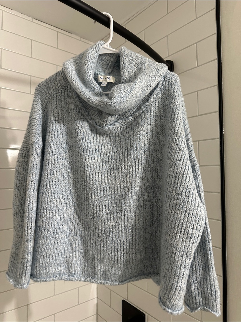 She + Sky Light Blue Cowl Neck Ribbed Sweater